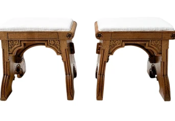 Arts & Crafts Hand-Carved Oak Stools with Boucle Upholstery, 1900s